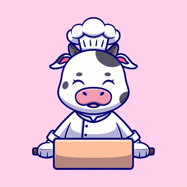 Carino Chef Mucca Cartone Animato Vettoriale Icona Illustrazione Icona Animale — Vettoriale Stock