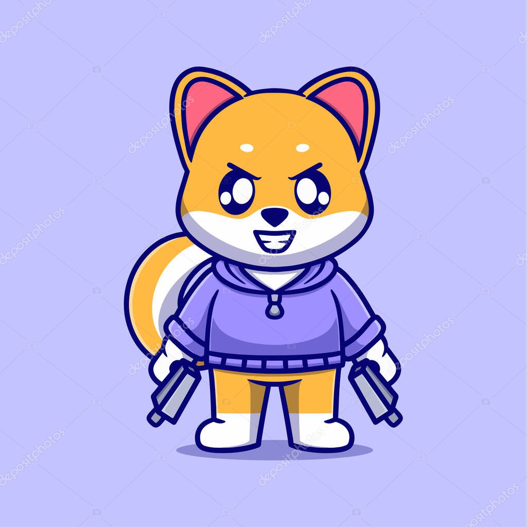 Cute dog Holding Gun Pistol Cartoon Vector Icon Illustration. Animal Holiday Icon Concept Isolated Premium Vector. Flat Cartoon Style