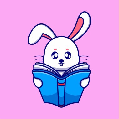 Şirin tavşan kitap ikonu resimlerini okuyor. eğitim için düz tasarım konsepti