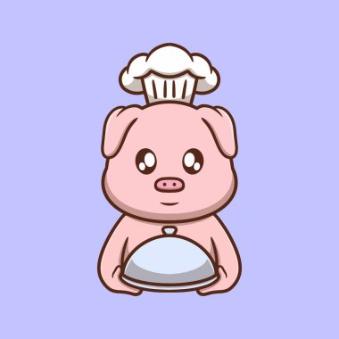 Şirin Şef Domuz Çizgi Filmi Vektör Simgesi İllüstrasyonu. Hayvan Doğa Simgesi İzole edilmiş Premium Vektörü. Düz Çizgi Film Biçimi