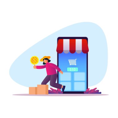 vektör çevrimiçi depolama. İnternet 'te güzellik ürünleri uygulaması olan kadınlar ve akıllı telefon