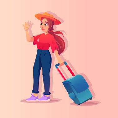Havaalanında bavulları, bavulları ve sırt çantaları olan insan karakterleri kalkış için acele edin. Gezgin Kızlar. Tatil ve Turizm Konsepti. Düz Çizgi film Vektör İllüstrasyonu.