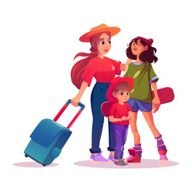 Vector mutlu aile annesi ve oğlu gezgin bir bavul taşıyordu.