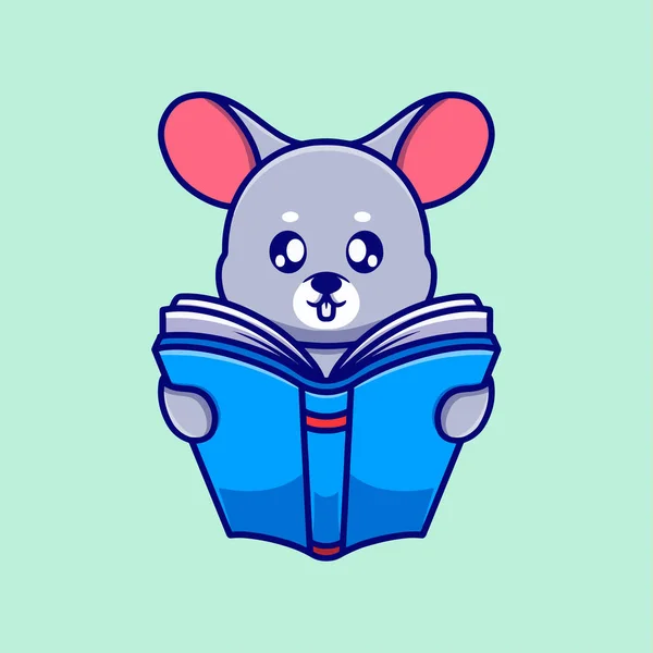 Cute Mouse Reading Book Icon Illustration Flat Design Concept Education — Stock Vector