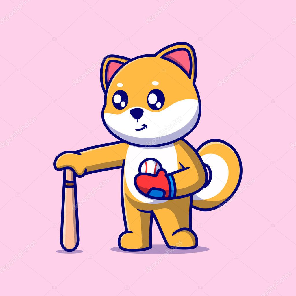 Cute Shiba Inu Dog Baseball Cartoon Vector Icon Illustration. Animal Nature Icon Concept Isolated Premium Vector. Flat Cartoon Style