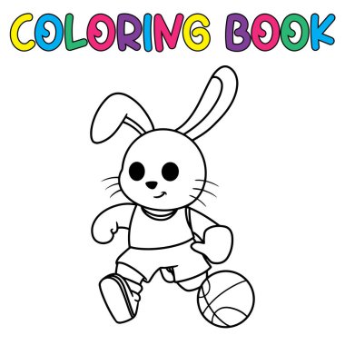 Boyama kitabı sevimli tavşan basketbol oynuyor - vektör illüstrasyonu.