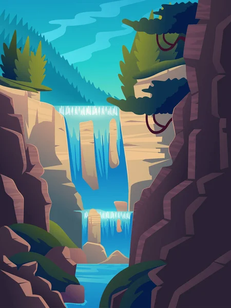Vector Blue River Forest Mountains Landscape Background Illustration — Stock Vector