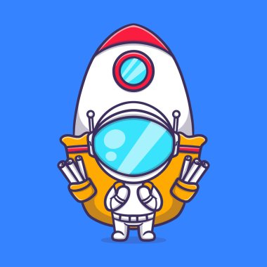 İçinde uzay gemisi vektör ikonu resmi olan bir çanta taşıyan sevimli astronot.