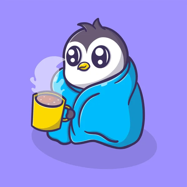 Niedlicher Pinguin Der Eine Decke Trägt Und Eine Tasse Kaffee — Stockvektor