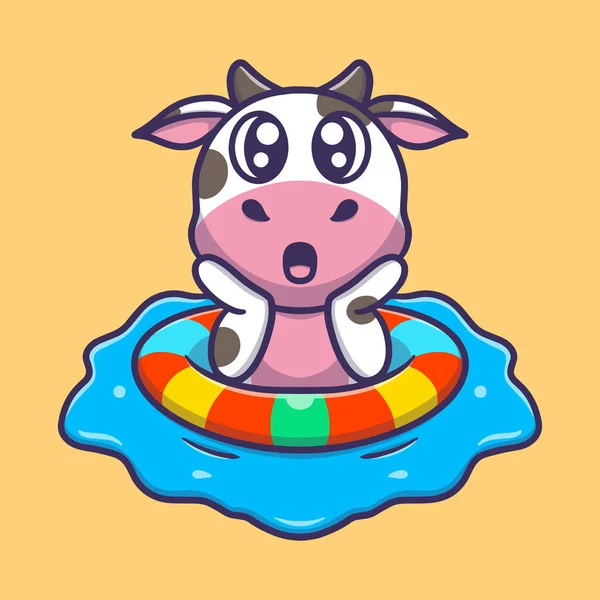 Niedliche Kuh Mit Schwimmweste Strand Cartoon Vektor Ikone Illustration — Stockvektor