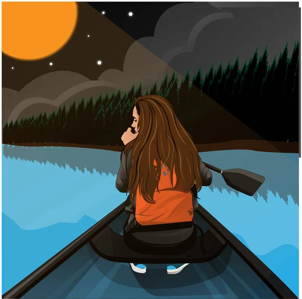 Mädchen Auf Einem Boot Bei Sonnenuntergang Vektor — Stockvektor