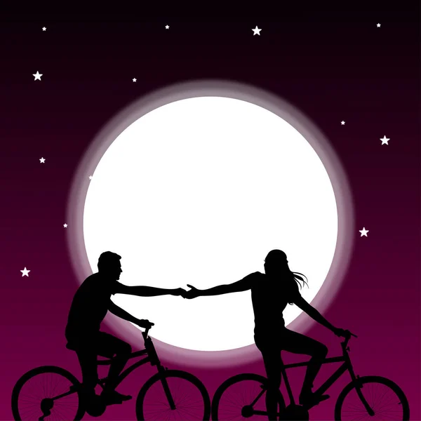 Couple Riding Bicycle Moon — Stock Vector