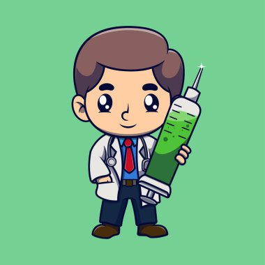 İğne karikatürü çizen bir doktor. Simge konseptini çalış. Düz çizgi film biçimi.