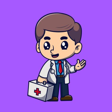Emniyet çantası çizimi olan şirin bir doktor. Simge konseptini çalış. Düz çizgi film biçimi.