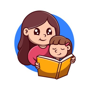 Oğlu çizgi film resimlerini okuyan sevimli bir anne. Simge konseptini çalış. Düz çizgi film biçimi.