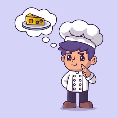 Peynir karikatürü çizmeyi düşünen tatlı bir şef çocuk. Simge konseptini çalış. Düz çizgi film biçimi.