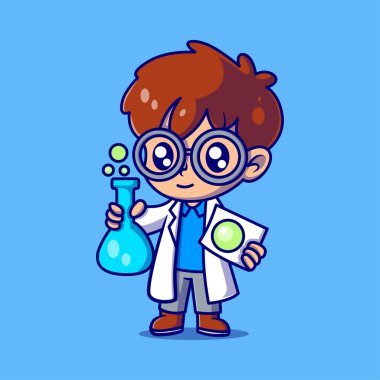 Elinde tüp ve karikatür ikonu olan sevimli bir bilim adamı. Vektör simgesi konsepti. Düz çizgi film biçimi