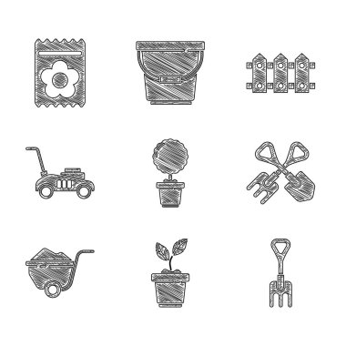 Çiçeği saksıya koy bitki bahçesi küreği ve el arabasını çim biçme makinesi ahşap ve bitki ikonu tohumu dolu bir paketle. Vektör.