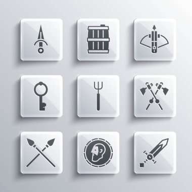 Ortaçağ Ortaçağ kılıcı çapraz balta bahçe yabası mızrakları Eski anahtar hançer ve ok ikonlu savaş tatar yayı. Vektör.