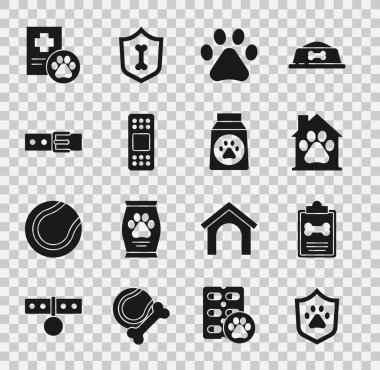 Hayvan Sağlığı Kliniği Evcil Hayvan Evi Evcil Hayvanı Paw Bandaj Bandaj Tasması 'nı isim etiketi ve yiyecek ikonu ile ayarla. Vektör.