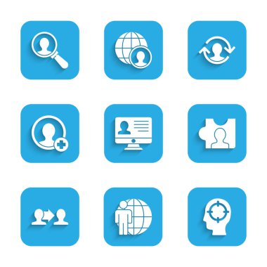 Monitörü, Kafa Avcılığı Projesi taban tabanı ile ayarla. Arama simgesi için hesap ekranı insan kaynakları ve büyüteç oluştur. Vektör.