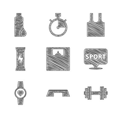Banyo Ölçeği Basamağı Platformu Dumbbell Spor Salonu Smartwatch Spor Beslenme Kolsuz Tişört ve Spor Sallama ikonu. Vektör.