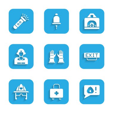 İtfaiyeci eldivenlerini tak. İlk yardım çantası. Telefon, acil çıkış kaskı, şömine ve el feneri ikonu. Vektör.