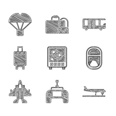 Radar 'ı hedeflerle monitörde uzaktan kumandalı uçak uçağı pencere jeti savaş uçağı havaalanı otobüsü ve kutulu paraşüt simgesine ayarlayın. Vektör.