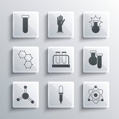 Pipette Atom Test Tüpü ve Molekül Kimyasal Formülü ve Patlama Simgesi 'ni ayarla. Vektör.