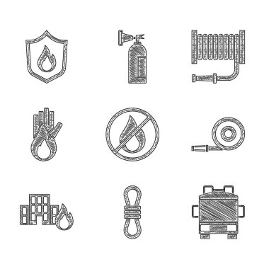 Yanan binalar ve koruma kalkanı ikonu içinde yangın tırmanma ipi olmayan itfaiye hortumu yerleştirin. Vektör.