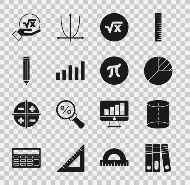 Ofis dizinleri Geometrik figür Pasta grafiğini x Graph çizelgesi çizelgesinin kare köküne ve sembol simgesine ayarla. Vektör.