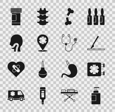 El dezenfektanı şişesi. Acil ameliyat neşterinin tıbbi sembolü. Kırık kemikler, çapraz hastane yaraları, boğaz ağrısı ilaçları ve stetoskop ikonu. Vektör.