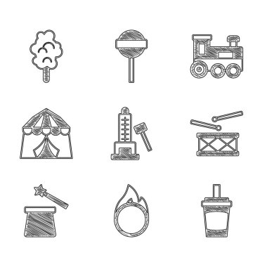 Striker cazibesini çekiç sirki ile ayarla. Kağıt çember su davul bagetleri sihirli şapka ve değnek çadır oyuncak tren ve pamuk şeker ikonu. Vektör.