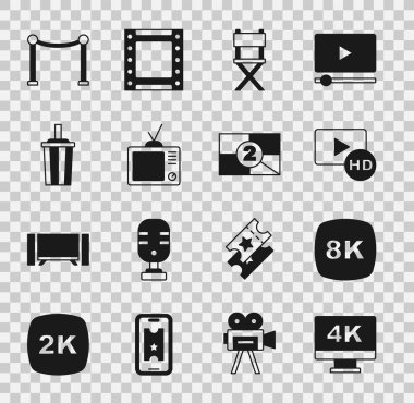 Ekran TV 'yi 4k Ultra HD HD film kaseti çerçeveli yönetmen Retro Paper cam su halat bariyeri ve Eski film geri sayım simgesi ile ayarla. Vektör.