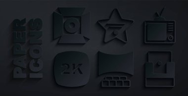 Retro TV 2k Ultra HD Şöhret Yürüyüşü ve Movie spot ikonu ile sinema salonunu ayarlayın. Vektör.