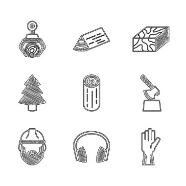 Ağaç kütükleri, kulaklıklar ağaç kütüğü Noel ağacı kirişine baltayla koruyucu eldivenler ve vinç ikonu. Vektör.