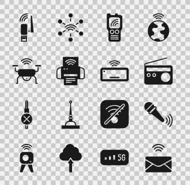 Posta ve e-postayı ayarla Kablosuz mikrofon Radio Walkie talkie Smart yazıcı sistemi drone Usb kablosuz adaptör ve Bilgisayar klavye simgesi. Vektör.