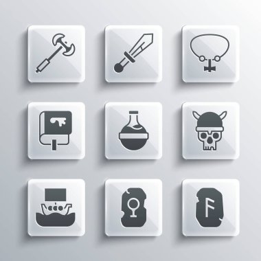 Sihirli Rün Kafatası 'nı Viking iksir gemisi Drakkar' ın Ortaçağ kutup baltası ve kolye taşı ikonu ile ayarla. Vektör.