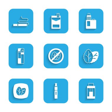 Tütün yaprağı yok Elektronik sigara Vape mod cihazı Tütün Çakmağı ve Sigara ikonu. Vektör.