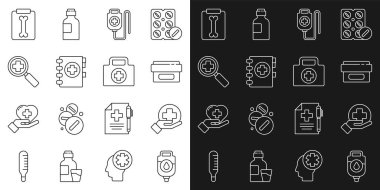 4. hat, hastane hastanesi için tıbbi krem tüpü, pano büyüteç, röntgen görüntüleri ve ilk yardım çantası ikonu hazırla. Vektör.