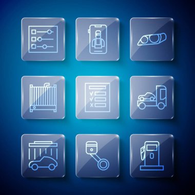 Hat oto yıkama pistonu benzini ya da benzinlik farları radyatör soğutma sistemi ayarları ve taşıyıcı kamyon ikonu ayarla. Vektör.