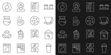 Milkshake çanta dolusu kahve çekirdeği V60 kahve makinesi menü bardağı ve kalp üzerine tatlı jöle, kurabiye ya da bisküvi ikonu dökülsün. Vektör.