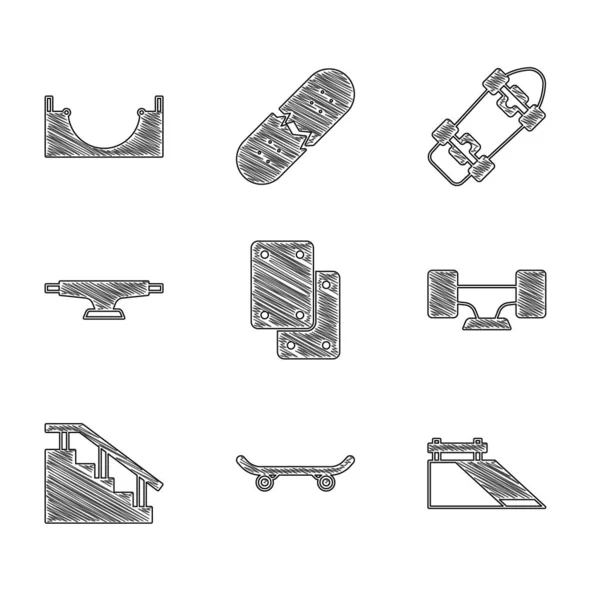 Set Rodilleras Skateboard Park Wheel Stairs Rail Icon Vector — Archivo Imágenes Vectoriales