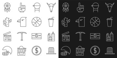 Vatansever Amerikan silindir şapkalı saman ızgara kartal kafası Kaktüs Rüya Avcısı tüyleri ve basketbol topu ikonu olan kağıt bardak. Vektör.