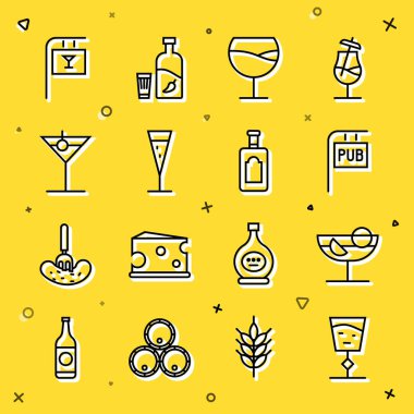 Şarap kadehi Cocktail Caddesi tabelasında şampanya kadehi martini barı ve viski şişesi ikonu olsun. Vektör.