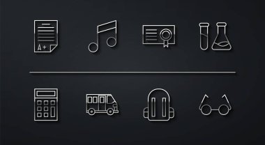 Sınav kağıdını A artı dereceli Hesap Makinesi Test tüpü ve matara okul sırt çantası Otobüs Müzik notası ton Gözlükleri ve Sertifika şablon ikonu ile ayarla. Vektör.