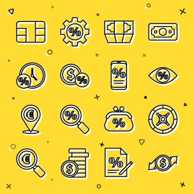 Finansal büyüme ve bir dolarlık Güvenli Göz ile yüzde deste kağıt para, para, para, saat, saat, kredi kartı çipi ve yüzde indirimli mobil ikon. Vektör.