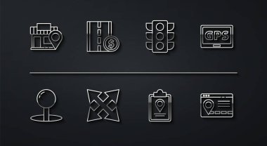 Satır konumunu Push pin GPS aygıtı haritası ile ayarla Katlanmış konum trafik işareti Toll yol konum bilgisi şehir navigasyon ve trafik ışığı simgesi. Vektör.