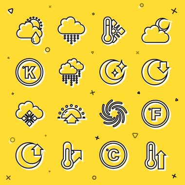 Meteoroloji termometresi Fahrenheit Ay Bulutu 'nu Kelvin, güneş ve yıldız ikonu ile ayarla. Vektör.