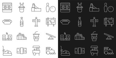 Oyuncak Treni Tahterevalli Lunaparkı reklam panosu Su Kaydırağı Hotdog Atış Galerisi ve Yol trafik levhası ikonu. Vektör.